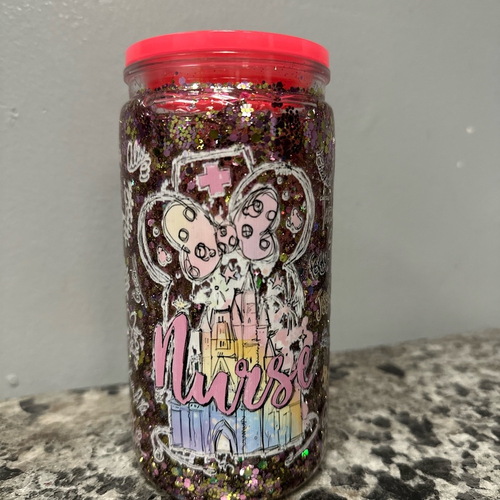 16 oz Disney nurse plastic snow globe cup with character signatures